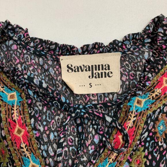 Savanna Jane Boho Top Women S Small Bell Sleeve Peplum Tiered Floral Keyhole Tie - Picture 7 of 11